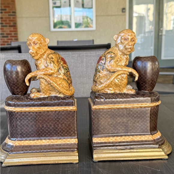 Chinoiserie Castilian Ceramic Monkey Figurine Pair Vintage Asian Style Bookends - Picture 9 of 13